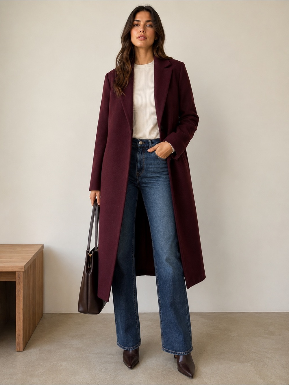 Zara Plum Long Tailored Coat | Minimalist Single-Breasted | Size Small